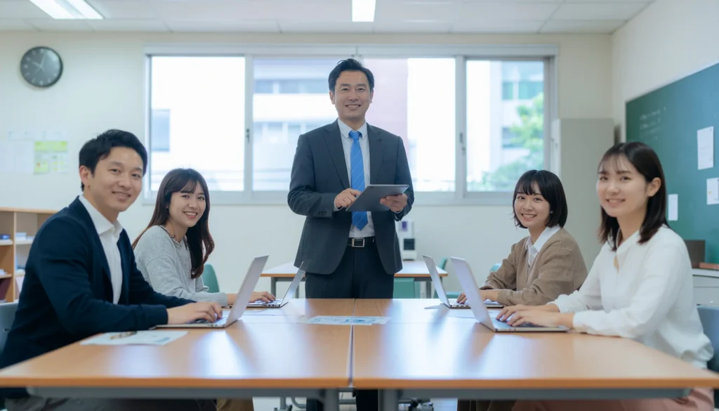 職員室でノートPCを開き、打ち合わせをする教員たちの様子