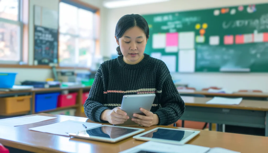 教師がタブレットの設定をしている