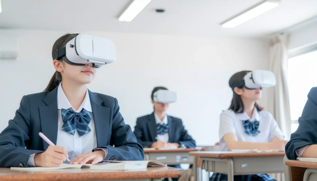 教室でVRゴーグルを装着し、ノートにメモを取る日本人高校生