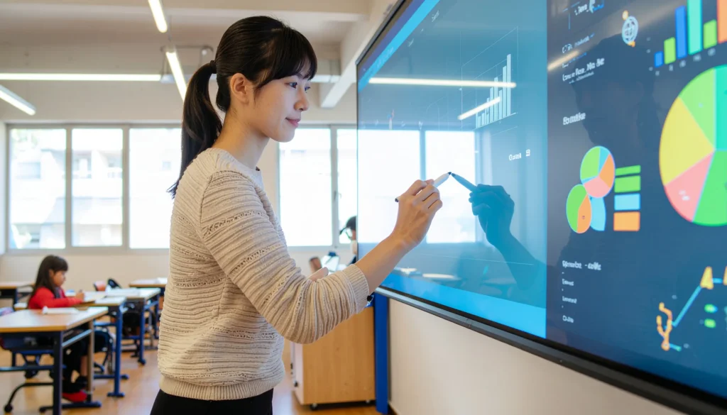 小学校の教室で、先生が電子黒板にタッチペンで書き込みながら授業を進めている様子