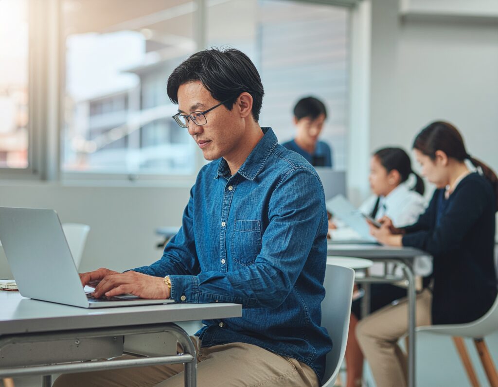 職員室でPC操作する職員