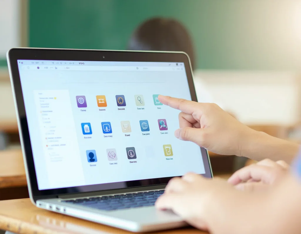 タブレットの画面に表示されたアプリ一覧を指さして、授業で使うアプリを選んでいる手元