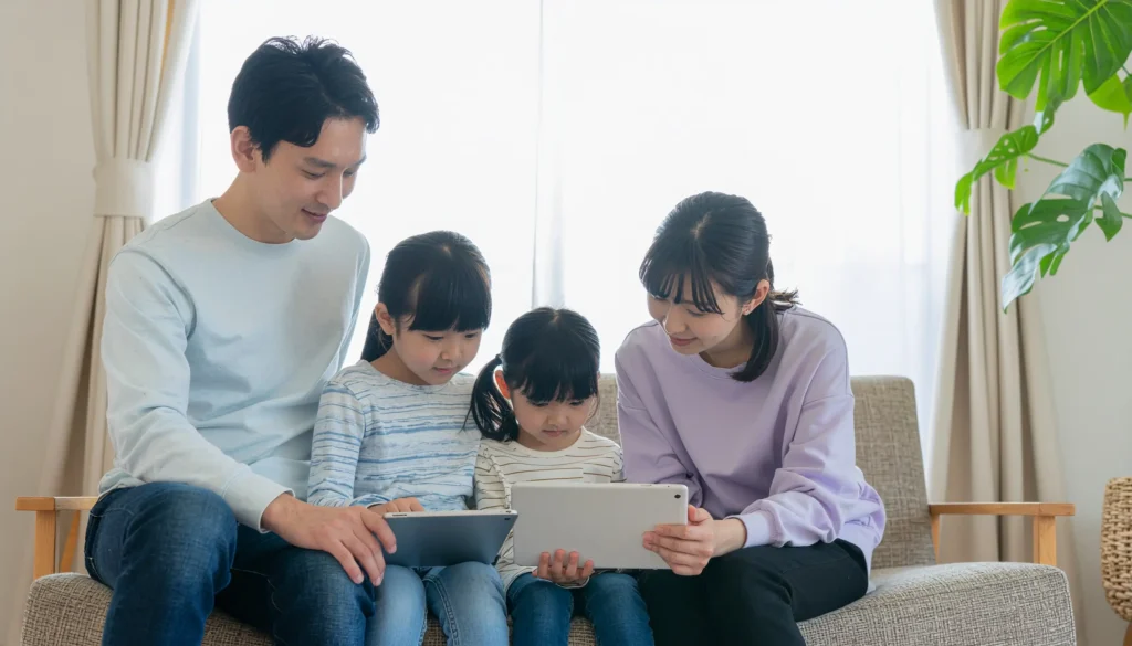 小学生の子どもと保護者がタブレットで学習内容を確認している