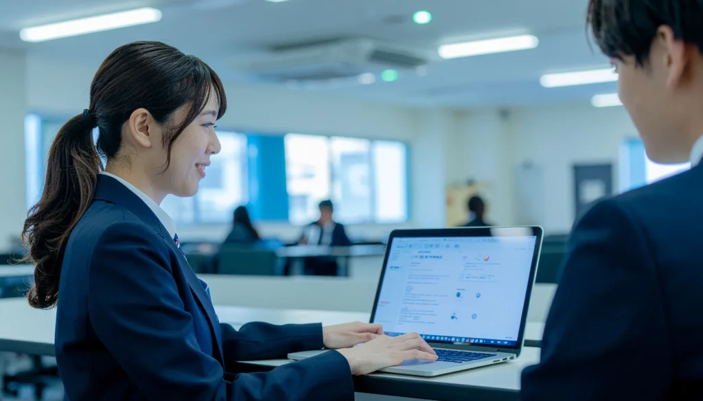 タブレットの画面を見ながら教員同士がアプリ導入や設定を相談している様子（学校ICT運用）