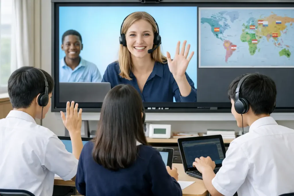 ict機器英語の授業でオンライン交流に参加する生徒と先生