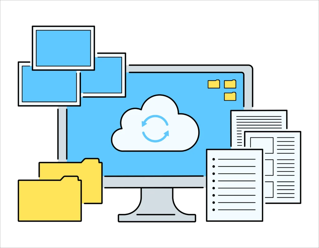 クラウド上でファイルを同期・共有する仕組みを示したイラスト（フォルダと書類）