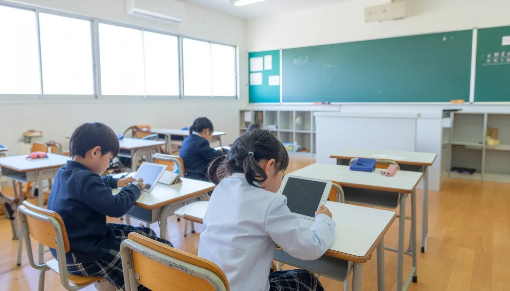 小学生が教室でタブレット学習を行ってる様子