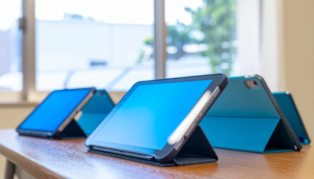 教室の机に並ぶ学習用タブレット端末