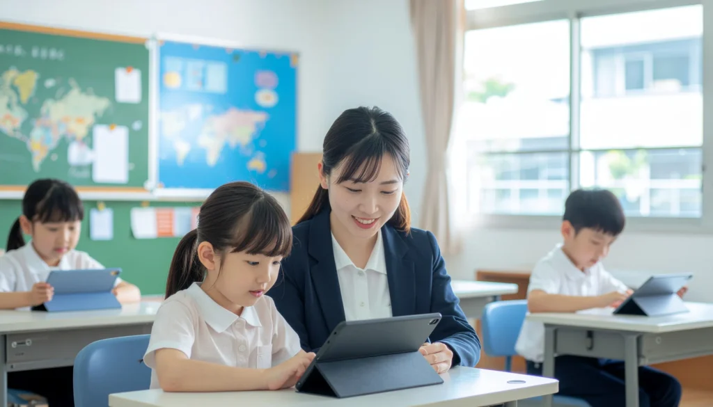 教員がクラウドを活用して校務を効率化し、教室で児童の学習支援に時間を使えているイメージ