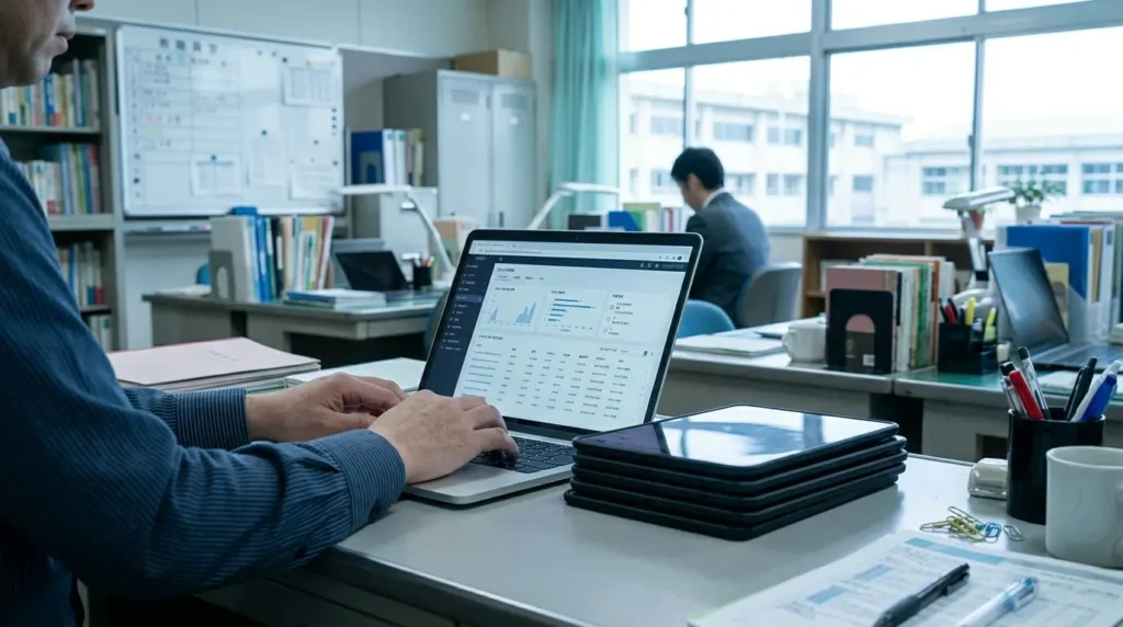 教員が職員室で端末管理や資料に向き合い、業務負担が増えている様子