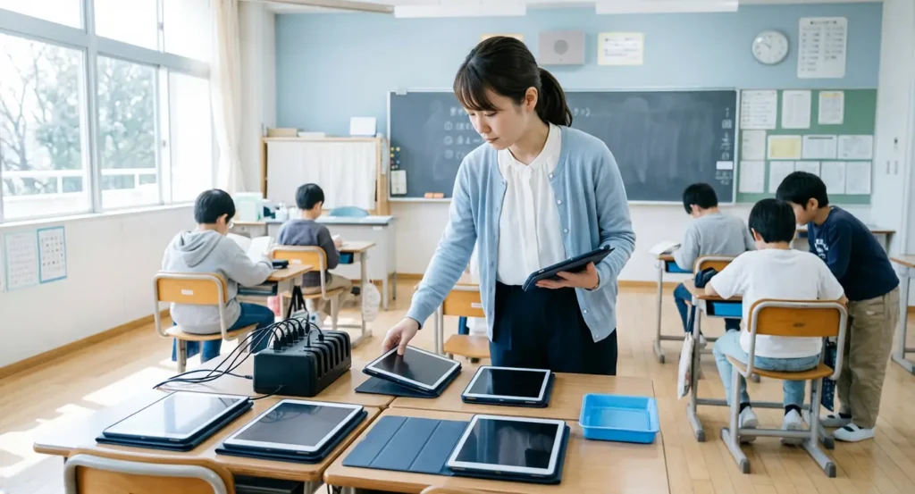 教室でタブレット端末を充電・配布準備する教員と児童生徒
