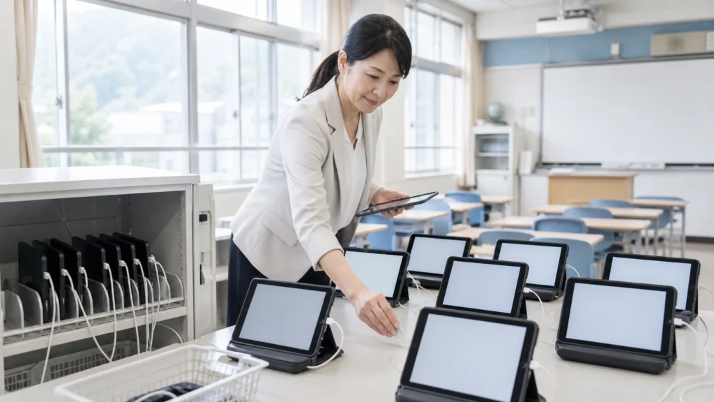 教室で学習端末の準備を確認する様子