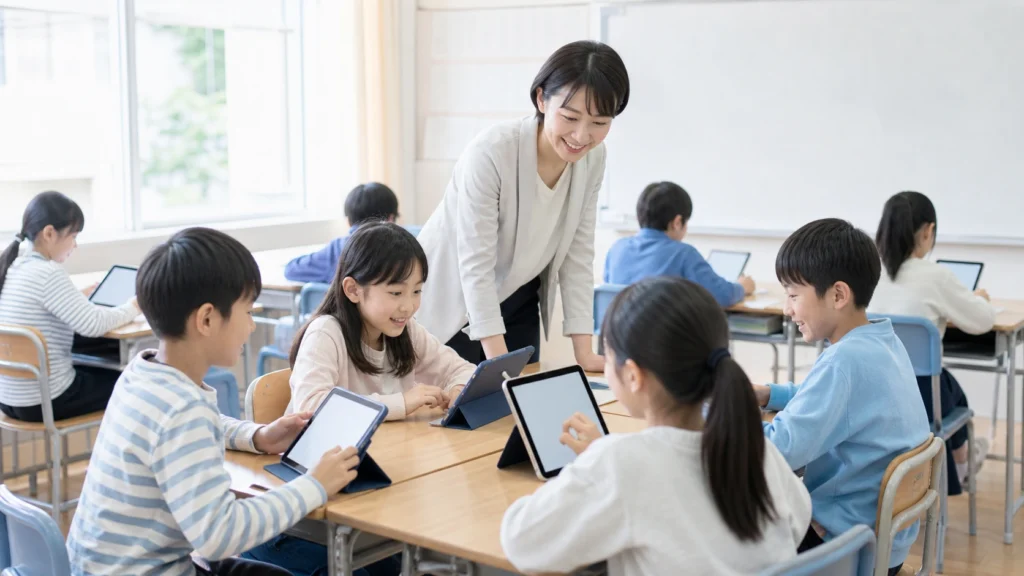 教室でタブレット学習に取り組む児童