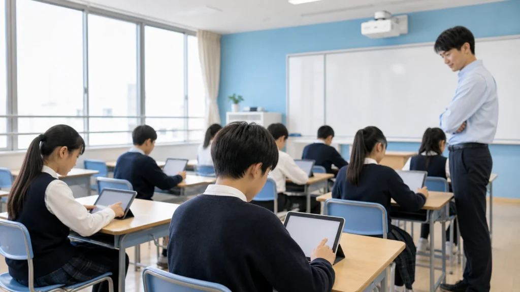 教室でタブレット学習に取り組む児童