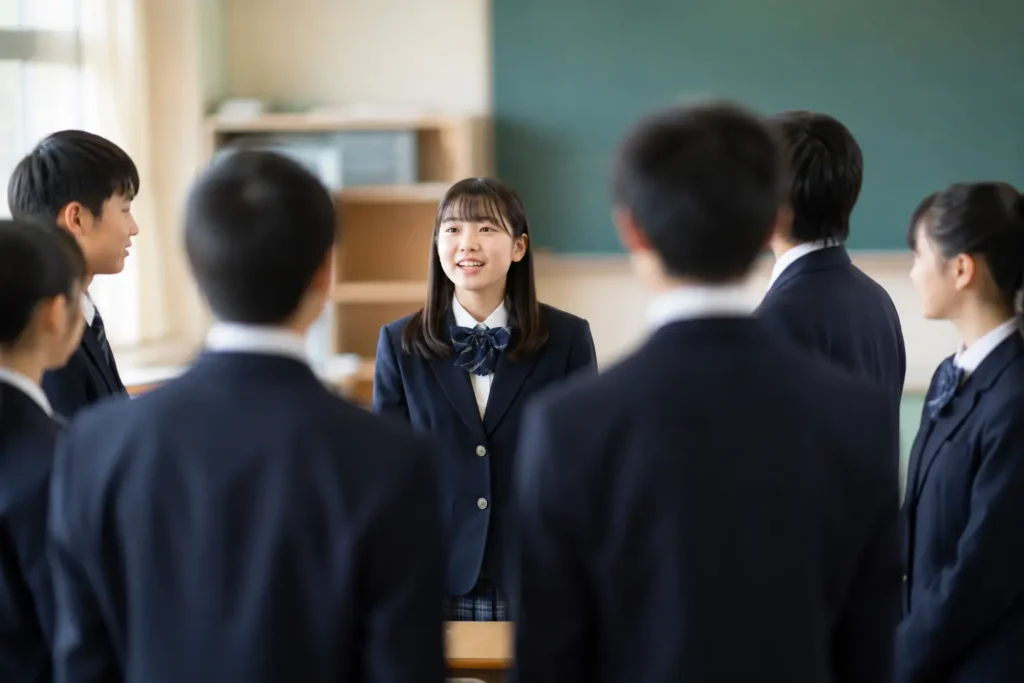 朝の会をしている中学生
