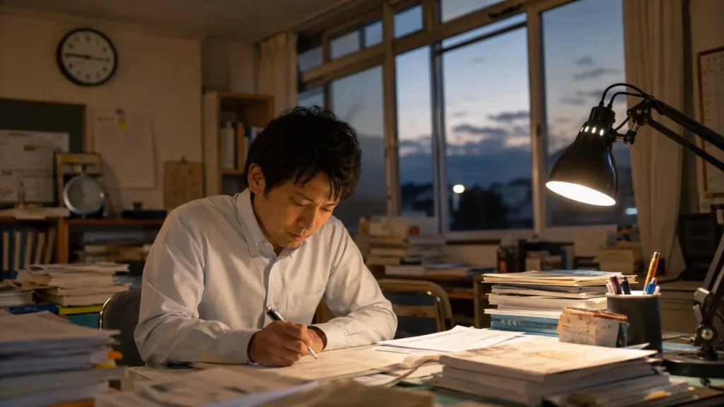深夜まで残業する教師