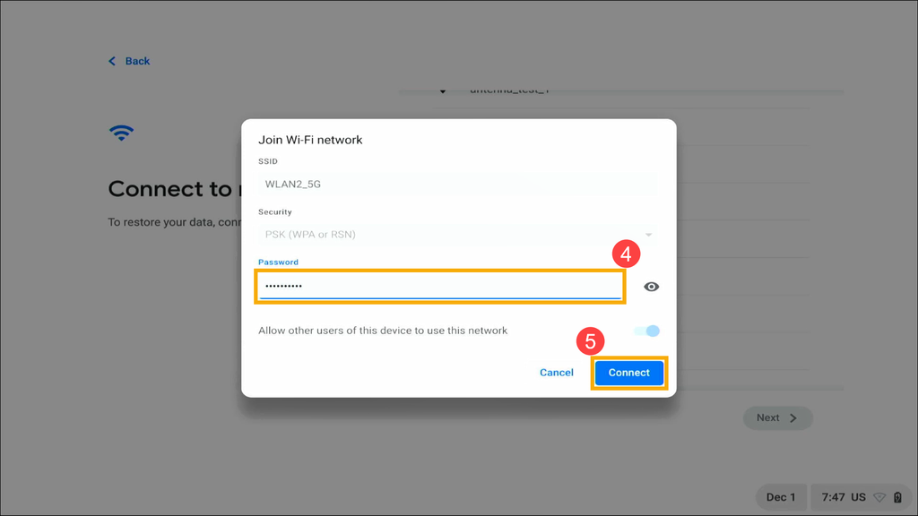 ChromebookのWiFi接続画面